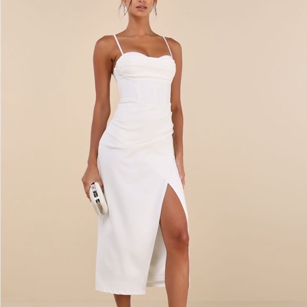 Lulus Always Turning Heads White Bustier Tulip Midi Dress Size Medium